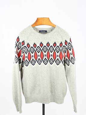 GAP Grey Red Lambswool Blend Wool Knit Patterned Yoke Crew Neck Sweater, Size M